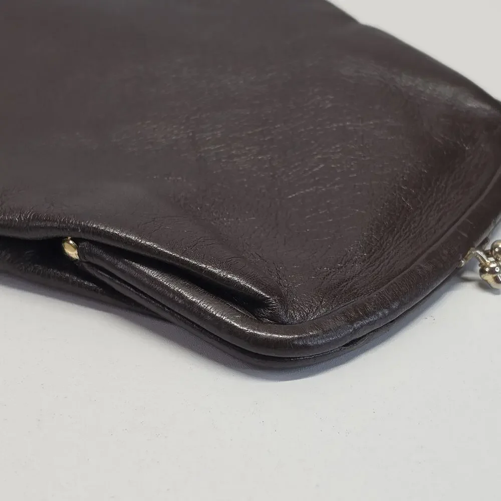 Vintage Hopper Kiss Lock Handbag Brown Leather Frame Clutch Purse 60s USA Made